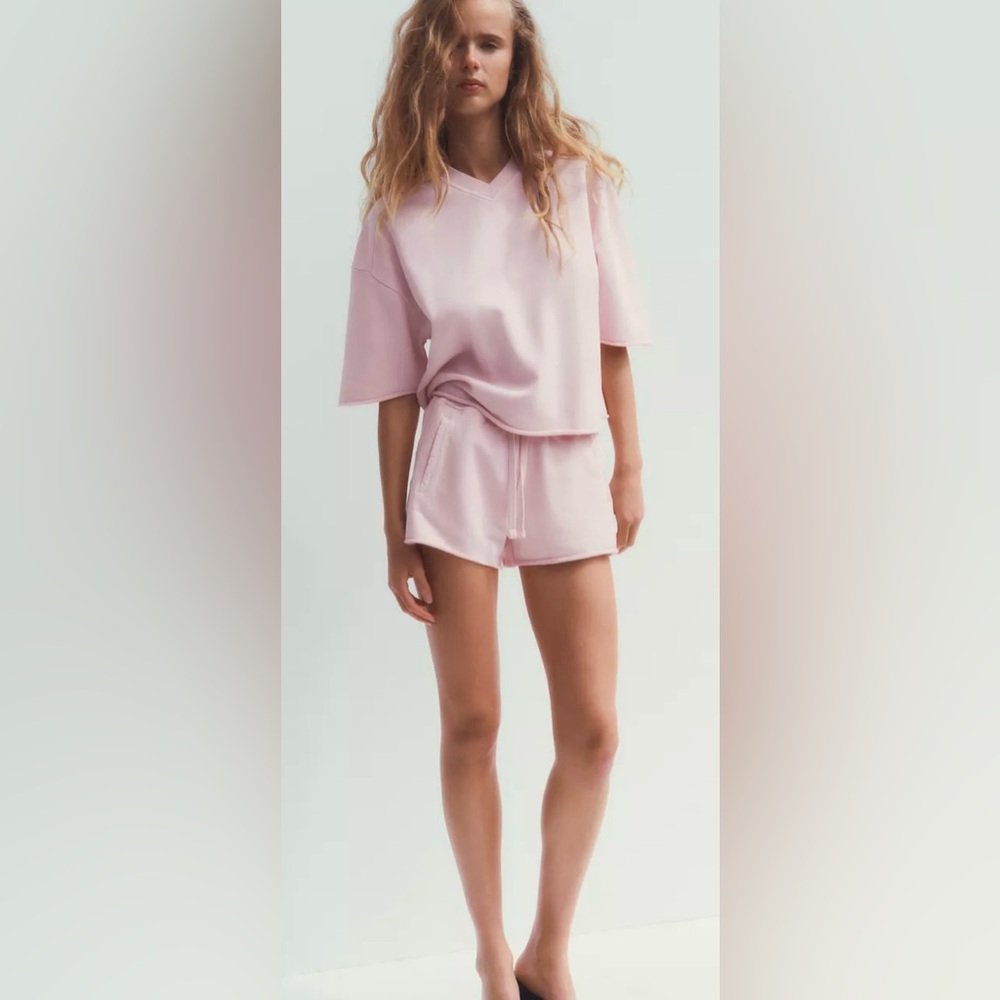 Zara Pink Plush Sweatshirt | Short Sleeves | L | Cotton | NWT | Effortless